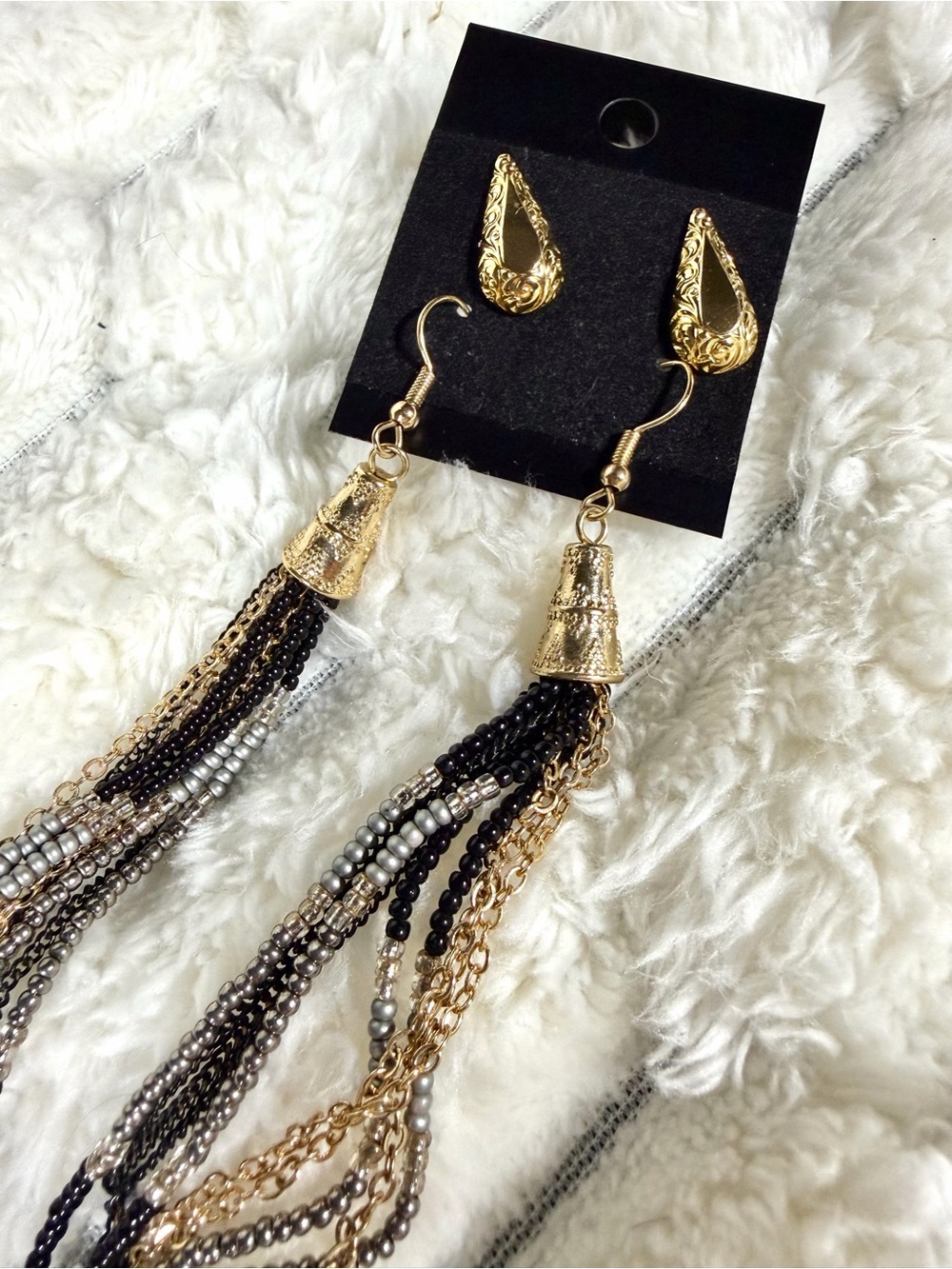 2 Pk Gold/Black Earrings - Black Tassel Dangling & Teardrop Stud